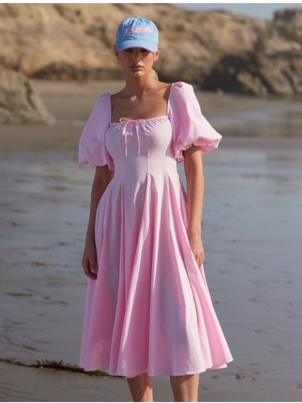 Selkie Angel Delight Midi Babydoll Puff Sleeve Baby Pink Day Dress Size Large